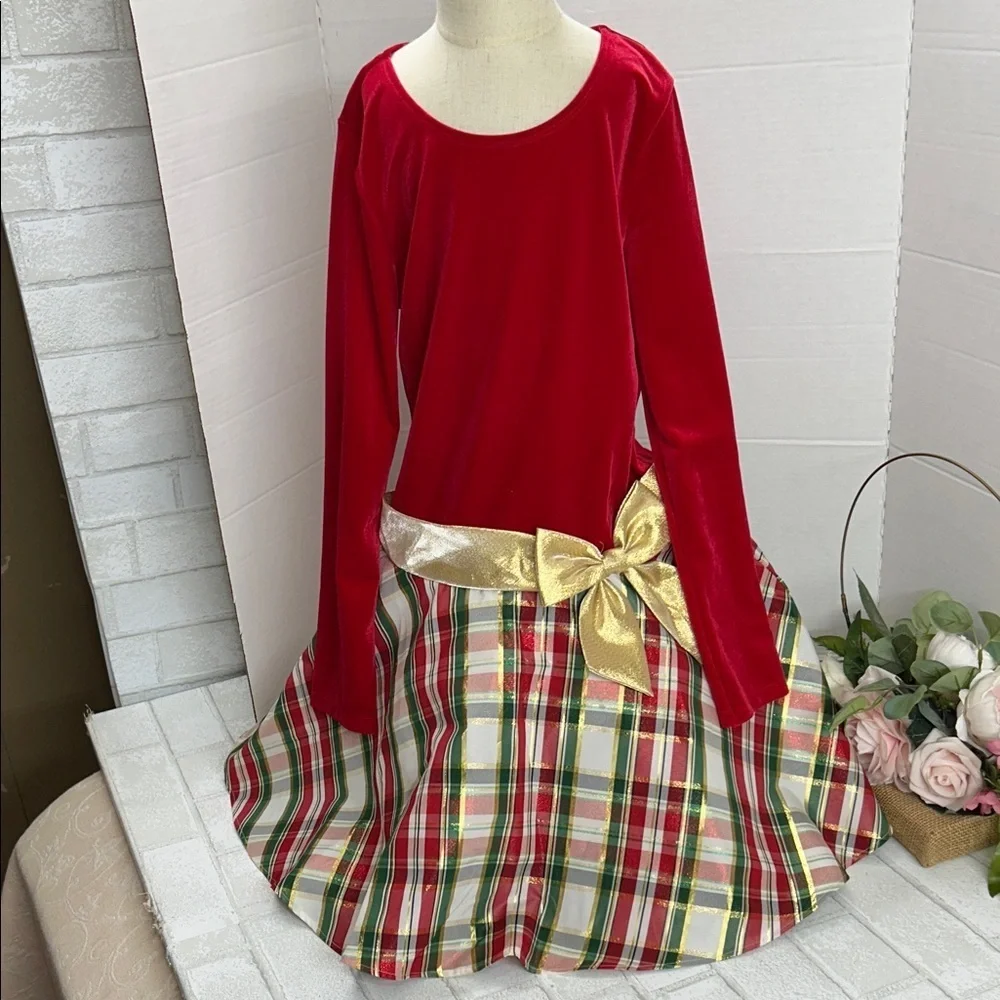 Red and Gold Plaid Dress with Bow